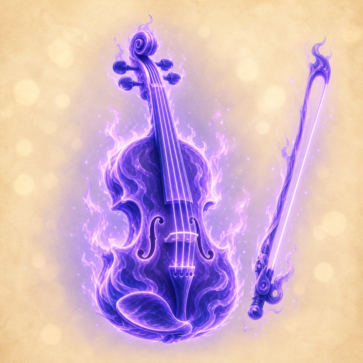 Cinder's violin — an instrument wreathed in purple flame